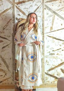 Kimono largo de algodón crepé con bordado de ojo, estilo bohemio, para mujer, albornoz envolvente, abrigo de casa, moda étnica bohemia vintage, el mejor. - Product Image 4
