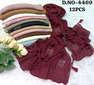 Collection de hijabs en polyester/lin texturé marron de qualité supérieure - Ensemble de 12 pièces avec broderie dorée complexe et détails en pompons - Product Image 2