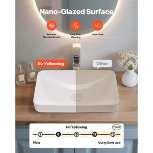 Lavabo Rettangolare in Ceramica Bianca 19.29 X 12.01 Pollici Semi-Incassato con Foro di Scarico da 1 3/4 Pollici per Installazione a Incasso nel Bagno - Product Image 3