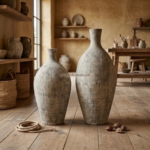 Vase décoratif de table et de sol en céramique artisanale moderne, en argile terracotta noire rustique, Tararear S Cream, vente en gros - Product Image 2