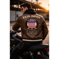 Chaqueta de Cuero para Hombre Ekin USA Edición Marrón, Estilo Bomber Americano, Estilo Urbano, Invierno, Transpirable, Cuero Natural Premium