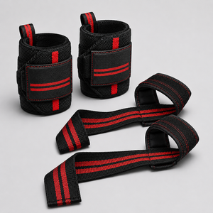 Adjustable Neoprene Wrist <b>Support</b> Straps Hook & Loop Closure Lightweight Non-Slip Weight Lifting Combo Set Black Red Stripe - Product Image 2
