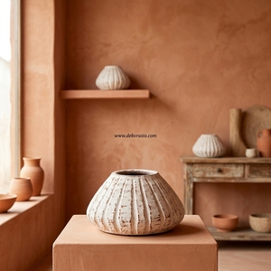 Vase bas en terre cuite blanc Abeja M, fait main, bol décoratif en céramique, urne de table, vente en gros - Product Image 2