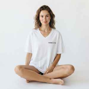 Women's <b>White</b> <b>V</b>-<b>Neck</b> Short Sleeve <b>T</b>-<b>Shirt</b> Loose Fit 100% Cotton Casual Jersey Logo Print Spring Summer Top - Product Image 3
