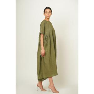 Robe longue trapèze vert olive en lin très demandée, à manches courtes, col rond, respirante, style simple avec poches, idéale pour le printemps pour femme - Product Image 5