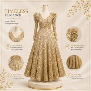 Womens Gold <b>Sequin</b> Ball Gown V Neck Long Sleeve Puff Shoulder Sparkly Formal Evening Wedding Prom Party Princess Floor Length - Product Image 5