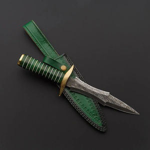 Cuchillo de caza hecho a mano de acero de Damasco con punta de gota, mango con rayas verdes y guardacuchillo dorado, personalizable DIY OEM - Product Image 5