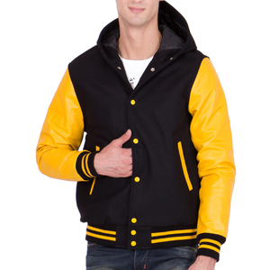 Mens Black and Yellow Hooded Varsity Jacket Yellow Leather Sleeves Letterman Bomber Jacket Casual Baseball Style Winter <b>Warm</b> Coa - Product Image 5