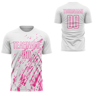 เสื้อฟุตบอลสีขาวชมพูแบบซับลิเมชั่น โพลีเอสเตอร์ 100% แขนสั้น คอกลม ระบายเหงื่อได้ดี สำหรับผู้ใหญ่ ทีมชายหญิง - Product Image 1