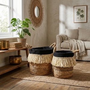 Set 2 Natural Colorful <b>Wicker</b> Banana <b>Basket</b> Handle Sustainable Home Decoration Organization Storage Woven <b>Baskets</b> Food Baby Use - Product Image 5