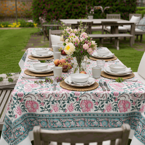 Mohini Green Open Christmas <b>Tablecloth</b> 180x270cm Handcrafted Block Printed 100% Cotton Holiday Dining Table Decor Style - Product Image 4
