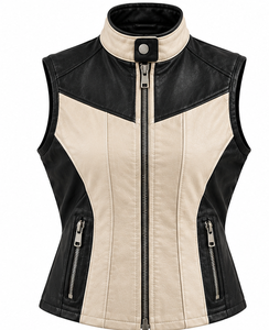 Gilet moto en cuir pour homme, col montant, fermeture éclair, color-block - Product Image 1