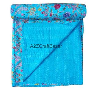 Couette Kantha en coton biologique 100% brodée, réversible, double taille, écologique, faite à la main en Inde, pour hôtel, utilisable toute l'année - Product Image 1