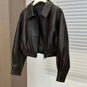 Chaqueta de Motocicleta de Cuero Genuino para Mujer, Manga Larga, Cierre de Cremallera, Cuello Camisero, Largo Regular, Color Sólido - Product Image 5