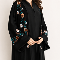 Abaya de prière de luxe noire en coton brodé floral, col en V, manches longues, coupe ample, pour femme, tenue modeste haut de gamme, devant ouvert