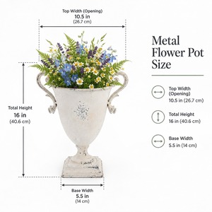 Vintage Distressed White Metal Urn Vase Rustic Farmhouse <b>Table</b> Centerpiece with <b>Side</b> Handles and Wildflower Bouquet Arrangement - Product Image 4