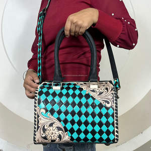 2025 Wholesale Custom Hand Tooled Leather Turquoise Checkered Speedy Duffle Bag Floral Carved Genuine Cowhide Leather for Women - Product Image 4