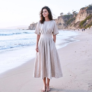 Robe midi tendance à col en V, manches courtes, 100% coton, avec poches, décontractée, grande taille pour femmes - Product Image 1