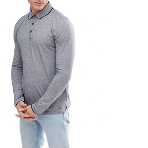 Polo personalizado para hombre, camiseta lisa acanalada de alta calidad, 210gsm, informal, para Fitness de manga larga, 100% algodón, venta al por mayor - Product Image 1