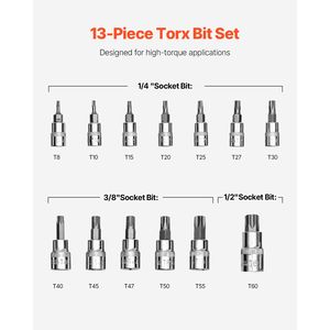 Set di 13 Bussole Torx in Acciaio Legato S2 CR-V Rinforzato, Attacchi da 1/4, 3/8, 1/2 Pollici, Modelli a Stella T8-T60, con Attacco da 1/2 Pollici - Product Image 3