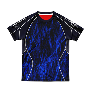 Maillot de football noir à sublimation intégrale motif flamme bleue |   Sans col |   Manches courtes |   Unisexe |   Logo personnalisé |   Usine OEM en gros - Product Image 1