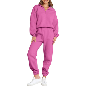 Conjunto de dos piezas de sudadera con media cremallera y pantalones de chándal de felpa fucsia para mujer, conjunto coordinado de ropa de descanso, fabricante personalizado - Product Image 1