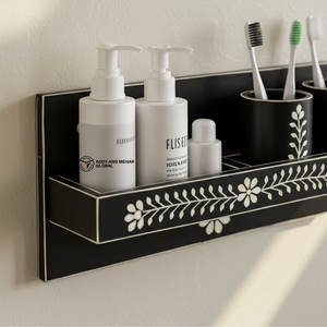 ชั้นวางของติดผนังลายดอกไม้สีดำพร้อมงานฝังกระดูกดำแบบพรีเมียม ชุดอุปกรณ์ห้องน้ำทำมือ ชั้นวางของติดผนังลายดอกไม้สีดำพร้อมงานฝังกระดูกดำ - Product Image 3