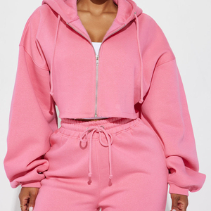Custom Cropped Pink Zipper Acid Washed Women's Embroidery Patch Short Hoodie And Sweatpants Distressed Sweatsuit <b>Set</b> For Women - Product Image 3