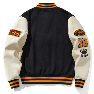 <b>Black</b> White Stripe Varsity Jacket PU Wool Letterman Jacket Panda 72 Embroidery High Street Streetwear - Product Image 4