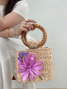 Bolsos de Mujer de Jacinto de Agua Ecológicos y a la Moda para el Verano, con Flores, Cierre Abierto, Dos Correas, Forma de Media Luna, Naturales para la Playa - Product Image 6