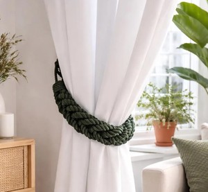 Dark Green Cotton Rope Curtain <b>Tieback</b> – Handwoven 4-Strand Curtain Holdback - Product Image 2