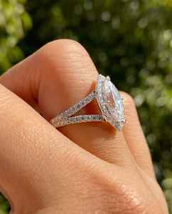 Bague de mariage halo en or massif scintillant, 2.0 CTW, moissanite taille marquise, à double sangle, bague de fiançailles, bijoux de mariée délicats et raffinés - Product Image 3
