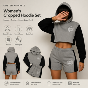 ONETEN APPARELS Ensemble short et sweat à capuche court pour femme, gris et noir, avec empiècements contrastants, en molleton, style sportswear, streetwear, décontracté, respirant, coupe ample - Product Image 1