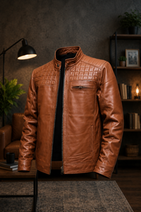 Men's Genuine Cow Skin Winter Motorcycle Slim Fit Stand Collar Waterproof Windproof Leather <b>Jacket</b> with Front Logo - Product Image 3