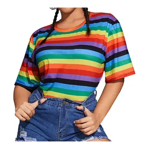 Women's Plus Size Tee Shirt Rainbow Striped Design Tops Crewneck Half Sleeve Sublimated T Shirt