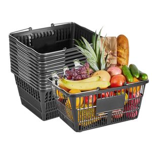 12 paniers de courses empilables en plastique PE de 21 L, structure en maille dense, poignées, capacité de 20 lb, personnalisables, paniers de courses portables - Product Image 1
