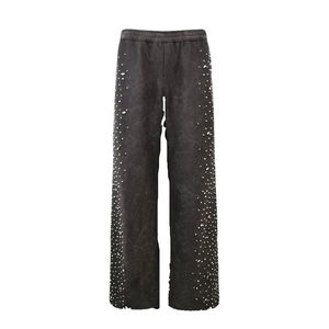 Pantalon de jogging vintage personnalisé en coton French Terry, coupe oversize, avec strass, jambe large, délavé à l'acide, style évasé, pour Sake - Product Image 1