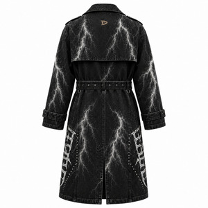 Abrigo largo de mezclilla extragrande Lightning Wash para hombre, estilo gabardina, doble botonadura, negro, streetwear, con cinturón - Product Image 3