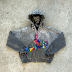 Biểu Tượng Tùy Chỉnh Đau Khổ Vá Thêu Số Lượng Lớn 100% Cotton Puff In Ấn Zip-up Hoodie Thời Trang Phố Cho Nam Giới - Product Image 5