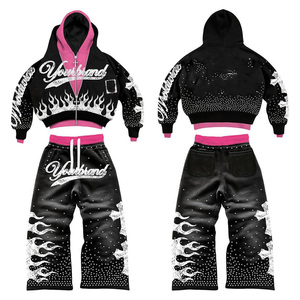 OEM Custom Rhinestone Hoodie Men Oversized Cropped Acid Wash Zip up Distressed Vintage Double <b>Belt</b> <b>Trouser</b> and Hoodie Set - Product Image 1