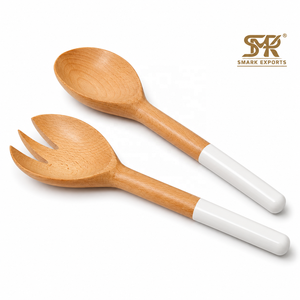 Premium Handmade Eco-Friendly Wooden Salad <b>Serving</b> Set with White Resin Handles Beech Wood Salad <b>Spoon</b> and Fork for Party Use - Product Image 1
