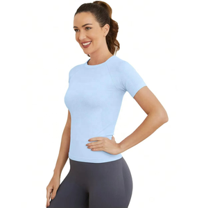 Camisetas Deportivas de Manga Corta para Mujer, Cierre con Cordón, Secado Rápido, Transpirables, Diseño a Cuadros, Corte Recto, para Gimnasio, Yoga - Product Image 2