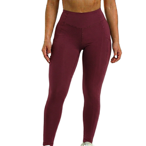 Maroon Color <b>Leggings</b> <b>with</b> <b>Pocket</b> High Waist Full Length Knitted Spandex Polyester Breathable Quick Dry Women's Activewear - Product Image 2