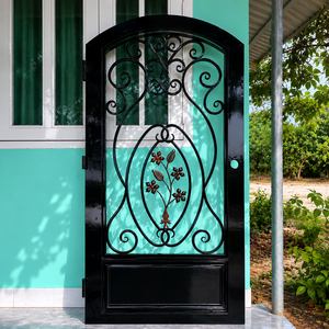 Porte d'entrée double en fer forgé sur mesure, avec façade en verre, moderne et décorative, pour villa et maison résidentielle - Product Image 3