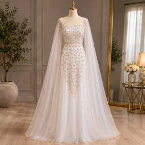White Pearl Crystal Embellished Chiffon <b>Cape</b> Gown for <b>Women</b> Designer Bridal Evening Dress Premium Wedding Reception Embroidery - Product Image 1