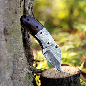 มีดพับเหล็กดามัสกัสขนาดเล็ก ด้ามไม้เนื้อแข็งสีเข้ม ทำมือแบบสั่งทำพิเศษ มีด EDC สำหรับพกพา มีดสำหรับตั้งแคมป์กลางแจ้ง - Product Image 3