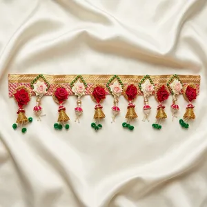 Traditional Indian Wedding Toran Red Pink Roses Gold Embroidery Green <b>Beads</b> Decorative Hanging Ornaments Eco-Friendly Plastic - Product Image 3