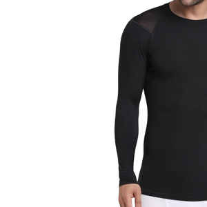 Ventilated Mens <b>Long</b> <b>Sleeve</b> <b>Compression</b> <b>Shirt</b> O Neck Polyester Quick Dry Mesh Back Shoulder Panels Slim Fit Baselayer OEM Vendor - Product Image 1