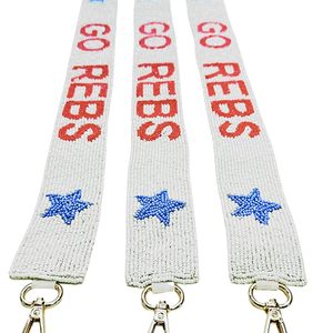 Sangle de sac à main personnalisée en gros, faite à la main, brodée de perles de rocaille, avec slogan Hotty Toddy, sur base blanche, style guitare, pour accentuer le sac - Product Image 5