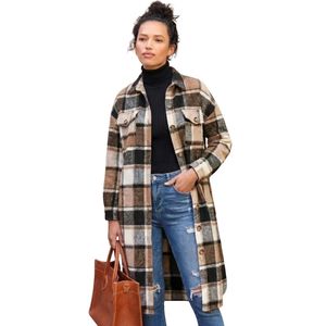 <b>Women</b> <b>Beige</b> Brown Black Plaid Knit Shacket Long Sleeve Button Front Oversized Shirt <b>Jacket</b> Casual Checkered Warm Outerwear OEM - Product Image 5